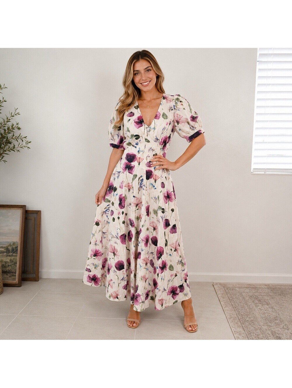 Curds & Whey Floral Linen Maxi Dress S Puff Sleeve Cottagecore Romantic Boho